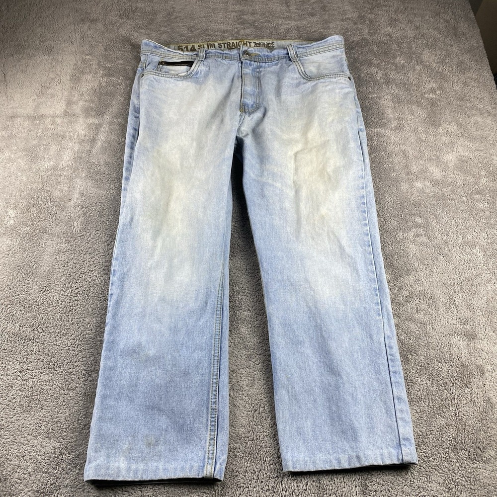 Levis 514 Slim Straight Jeans Mens 36x24 Blue Light Wash Mid Rise Hemmed Leather